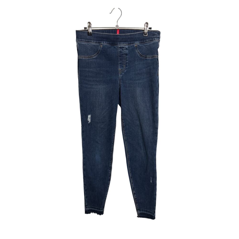 Spanx Jeans Womens Medium Dark Wash Distressed Skinny High Rise Pull On Raw Hem
